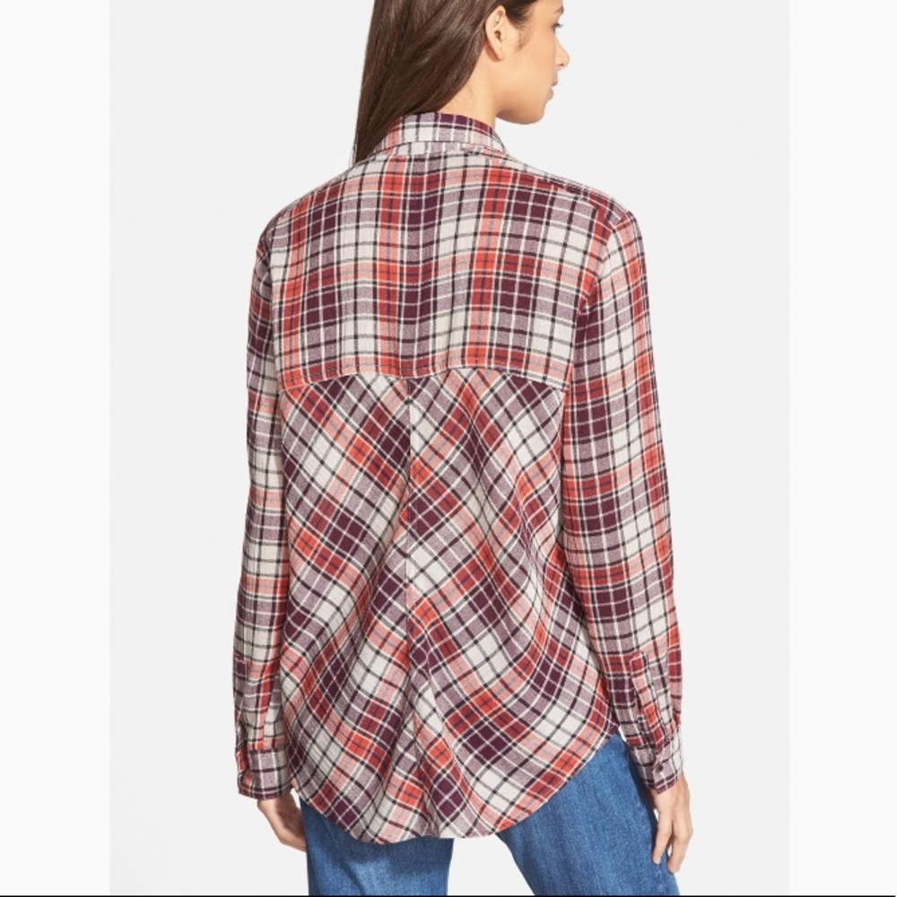 Free People Stitch Detail Plaid Red Purple Flannel Button Up - Picture 5 of 8